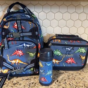 Pottery Barn Kids Blue Dinosaur backpack, lunchbox, and water bottle